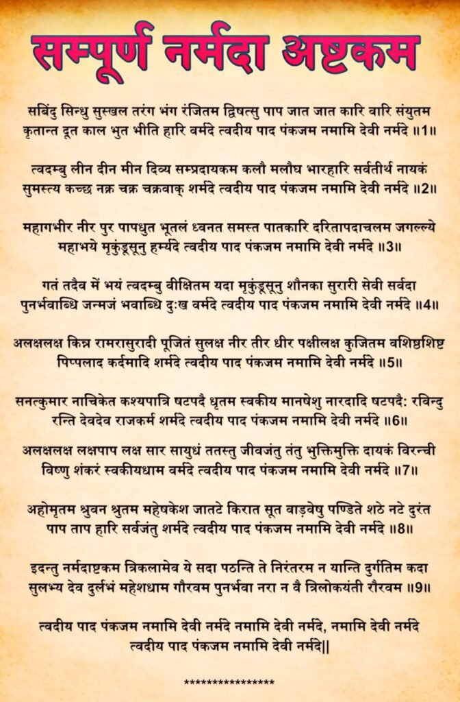 श्री नर्मदा अष्टक लिखा हुआ | त्वदीय पाद पंकजम नमामि देवी नर्मदे | Narmada Ashtakam Lyrics image | Tvadiya Pad Pankajam
