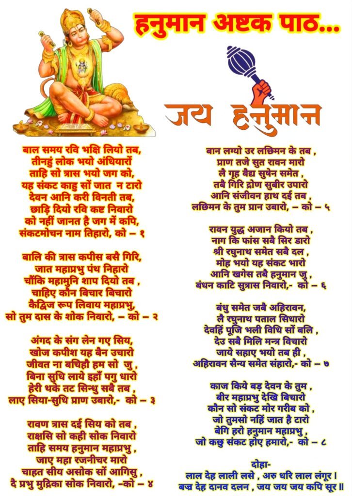 हनुमान अष्टक पाठ फोटो इमेज में | Hanuman Ashtak lyrics in Hindi image photo