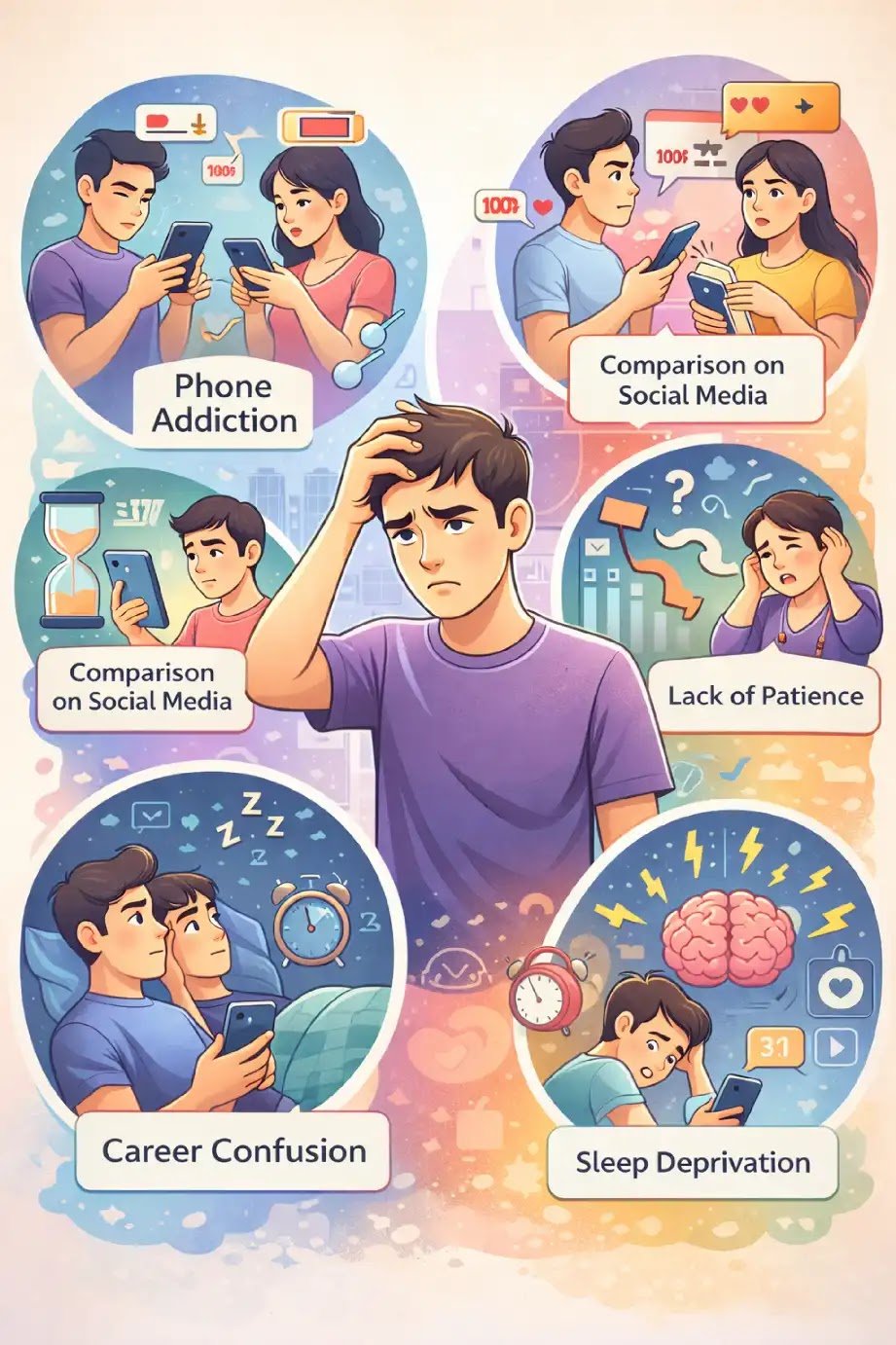 Educational cartoon poster showing common Gen Z problems including mental stress, mobile addiction and modern lifestyle pressure Cartoon illustration explaining Gen Z mistakes such as phone addiction, social media comparison, career confusion, lack of patience and sleep deprivation