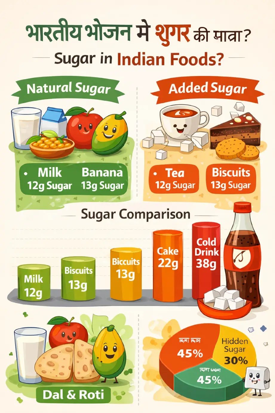 Indian food में sugar कितनी होती है? Natural vs Added sugar, 150+ Indian foods sugar table, sugar calculator, bar chart & pie chart – simple Hinglish guide.