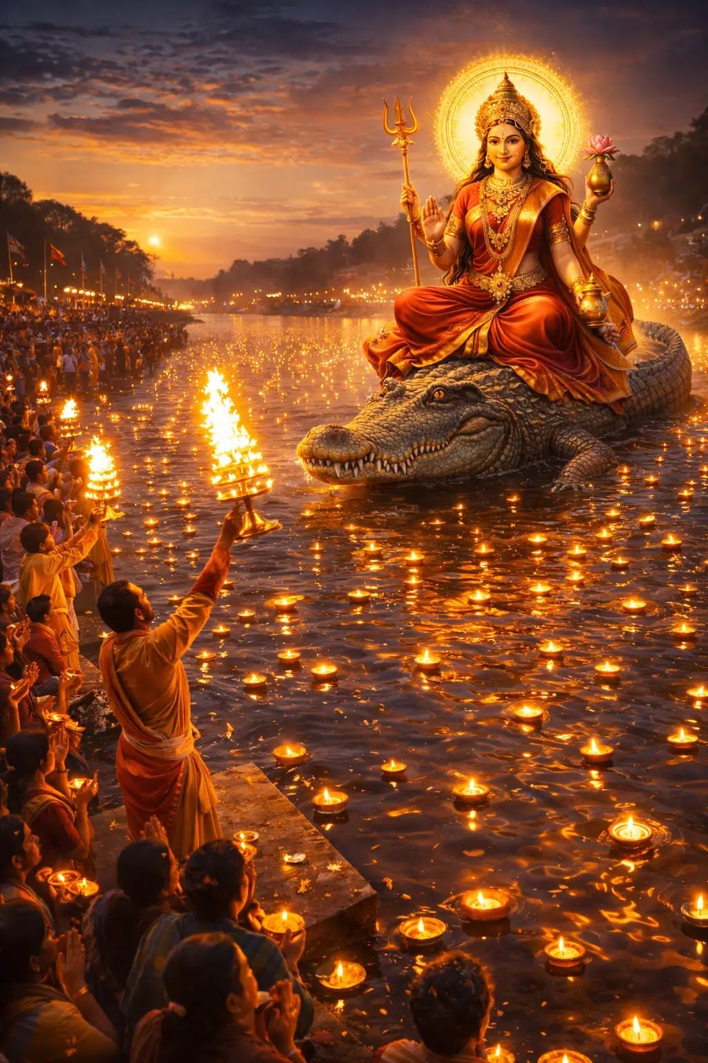 Goddess Narmada sitting on crocodile 3D Wallpaper