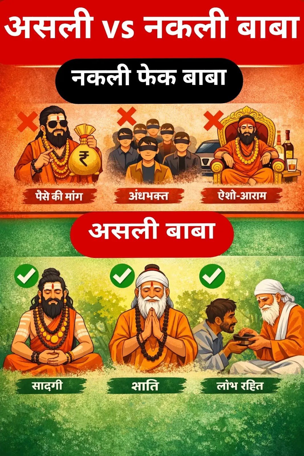 ढोंगी बाबा को कैसे पहचाने? जानिए नकली बाबा के खतरनाक संकेत, असली संत और अघोरी साधु की पहचान, और fake guru से बचने के तरीके। पूरी सच्चाई पढ़ें।
