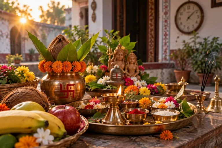 मध्यप्रदेश की तीजा परंपरा में फुलहरा, मिट्टी के शिव-पार्वती, फल-फूल और पूजा सामग्री.
