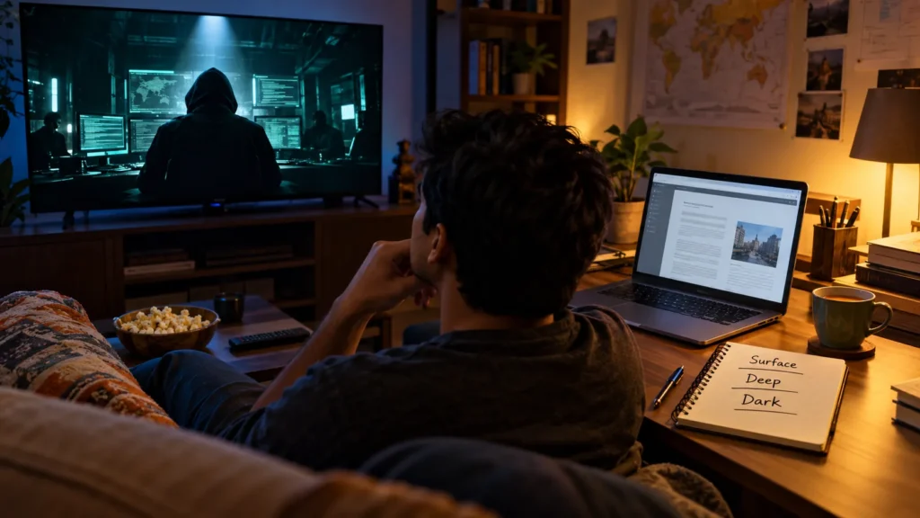 Movie neon versus plain real-world screens — the dark web is a layer, not a film set