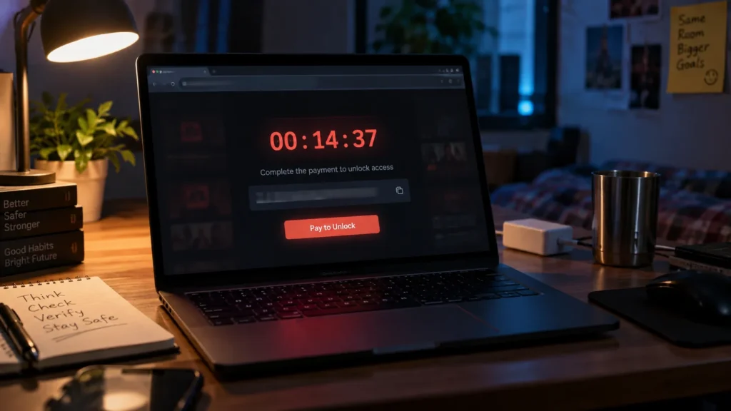 Countdown plus crypto demand — the standard face of a red-room paywall scam