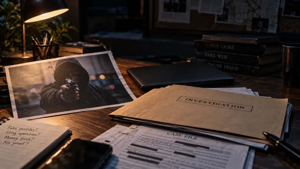 The sells a hired killer. The record shows a scam desk and a police mailbox.