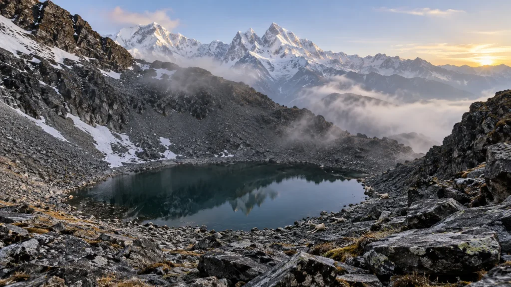 Melt season at Roopkund — a small high lake whose shore holds scattered human remains