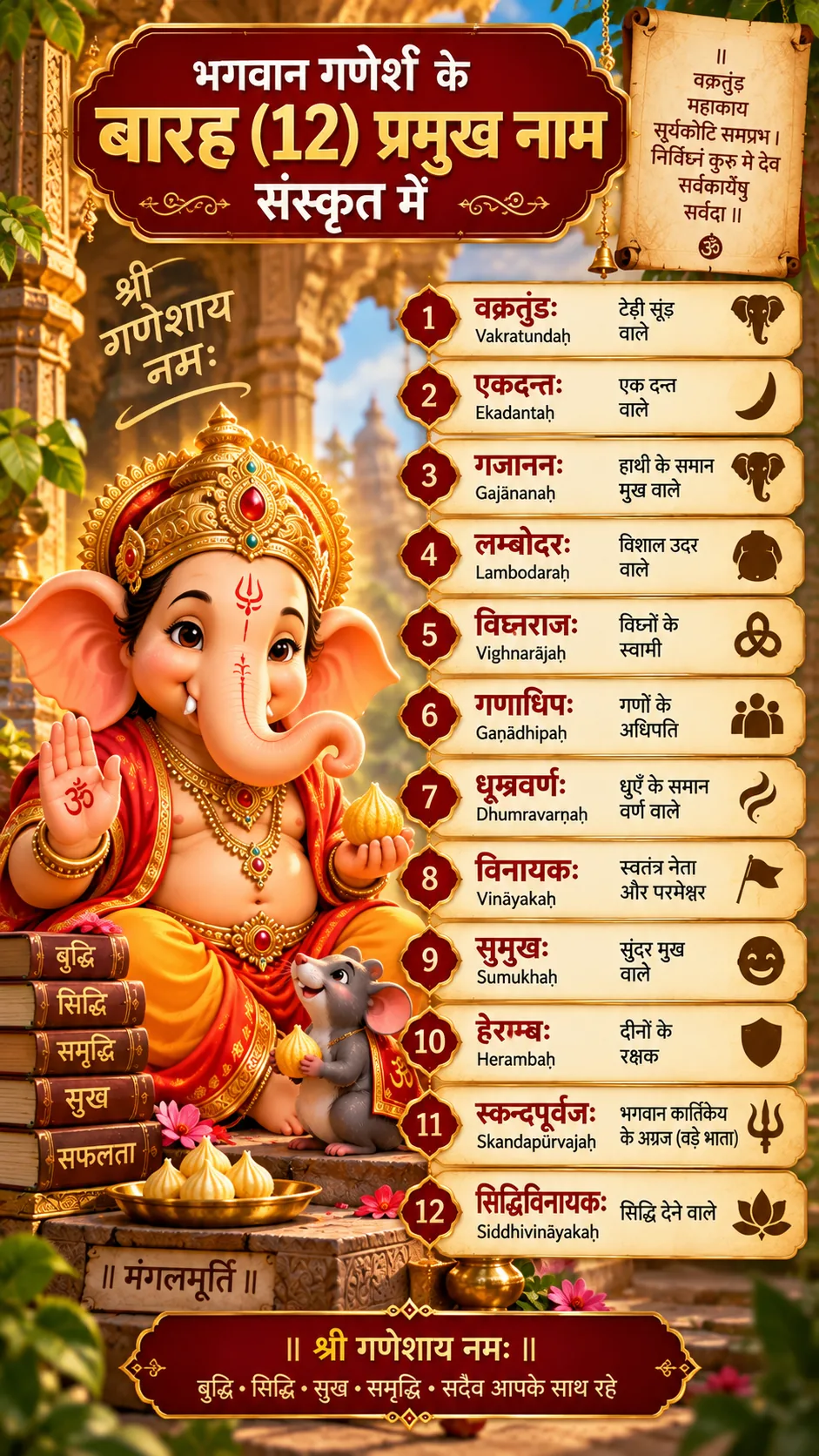 गणेश जी के 12 नाम संस्कृत में — द्वादश नामावली इन्फोग्राफिक भगवान गणेश के 12 नाम संस्कृत और हिंदी अर्थ के साथ — द्वादश नामावली सुमुख से गजानन