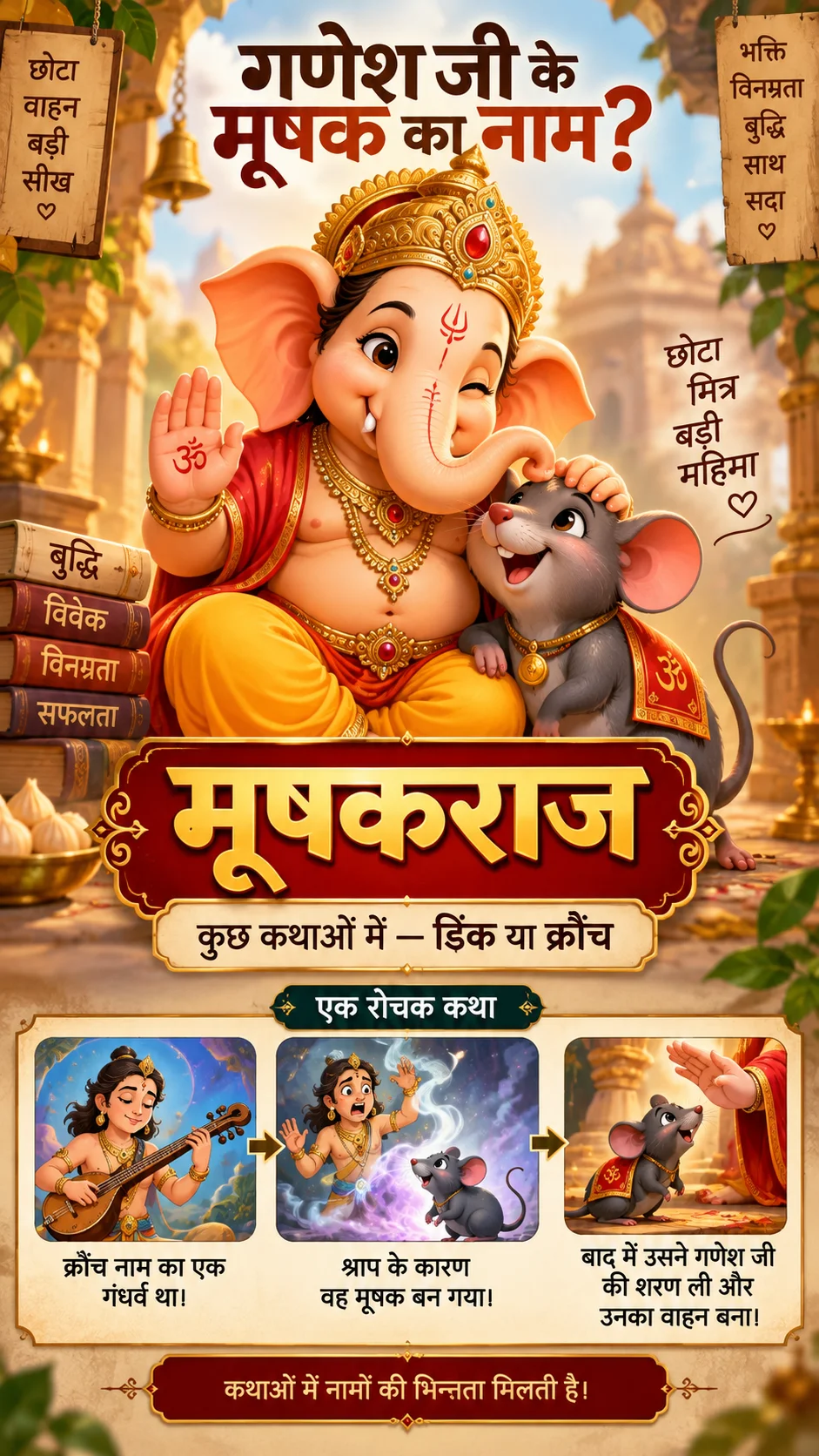 मूषकराज — गणेश जी के वाहन का नाम और आध्यात्मिक महत्व गणेश जी के मूषक का नाम मूषकराज — क्रौंच गंधर्व से वाहन बनने की कथा इन्फोग्राफिक