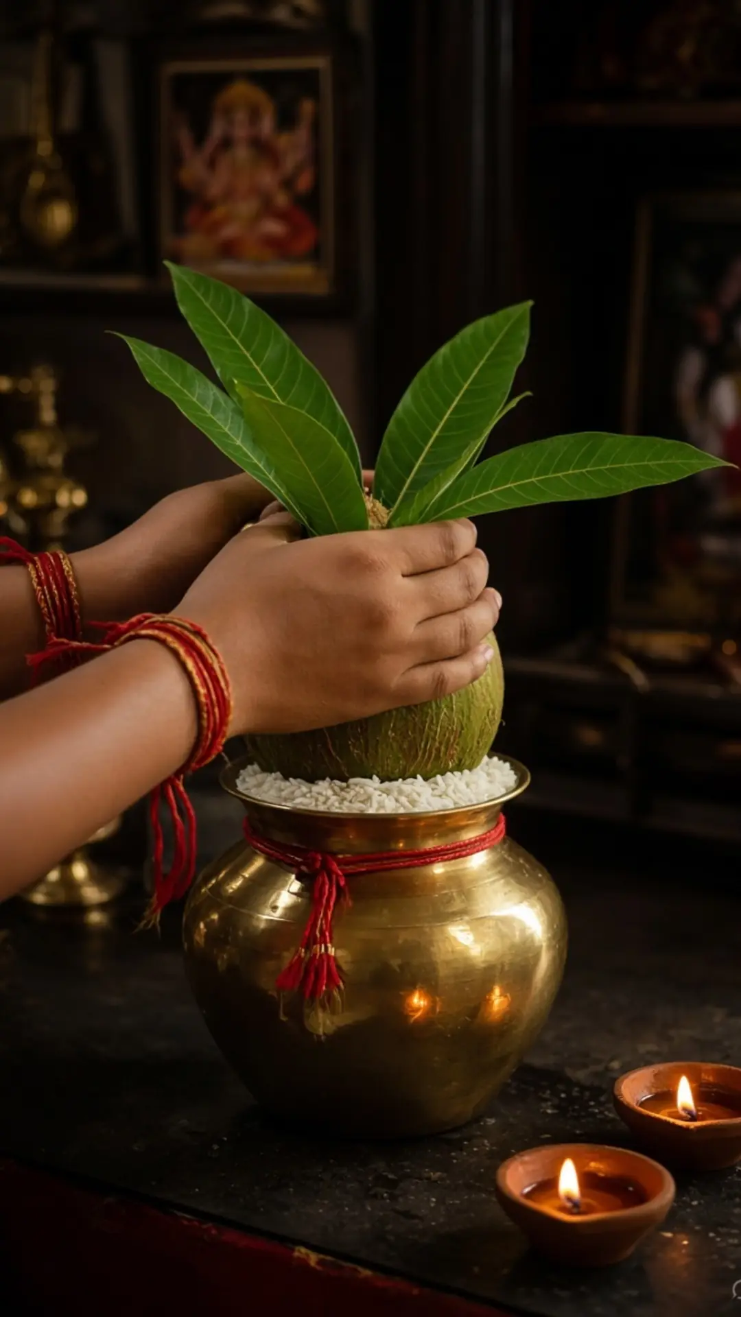 घटस्थापना — कलश पर नारियल और पल्लव