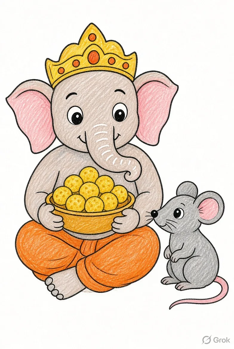 ganesh ji with laddoo and mouse drawing