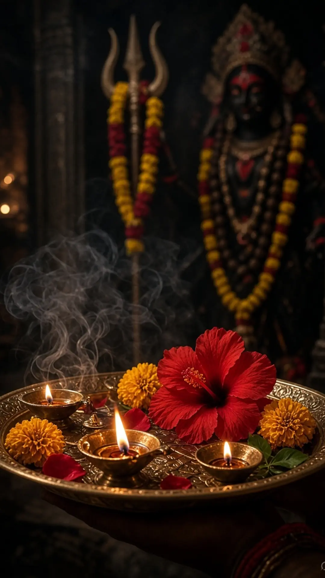 काली आरती की थाली — गुड़हल, दीया और धूप