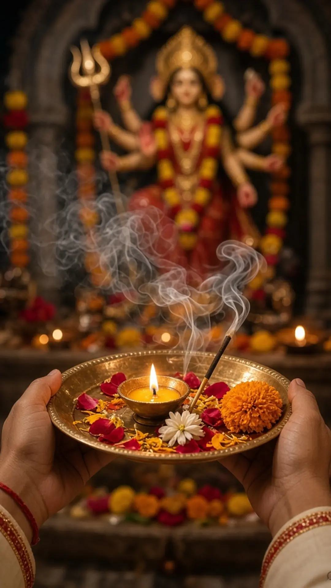 माँ के सामने आरती घुमाते हाथ