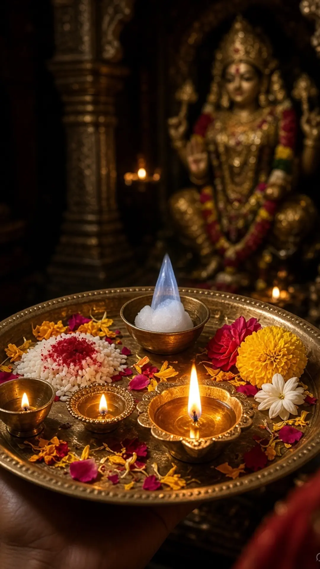 आरती की थाली — दीया, कपूर, चावल और फूल