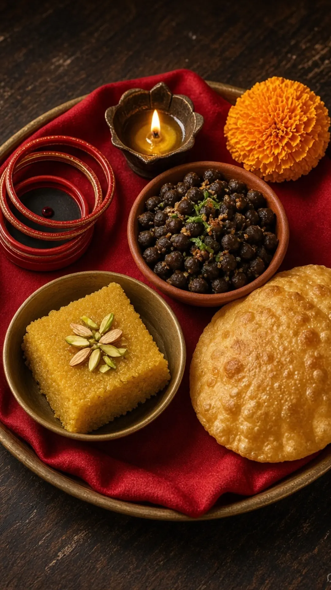 अष्टमी की कंजक थाली — हलवा पूरी चना