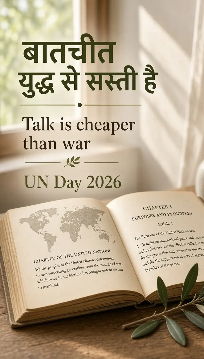 बातचीत युद्ध से सस्ती है — संयुक्त राष्ट्र दिवस 2026 पोस्टर