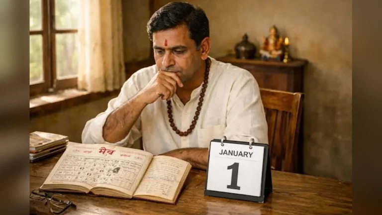 Thoughtful Indian man comparing a traditional Hindu Panchang and a modern English calendar marked January 1st, contemplating the history of New Year
