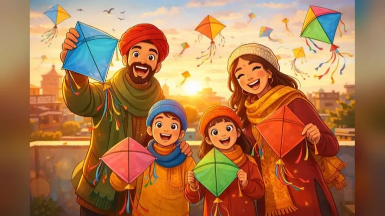 Family celebrating Makar Sankranti festival on rooftop