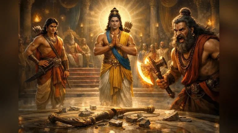 धनुष भंग के पश्चात श्री राम, लक्ष्मण और क्रोधित परशुराम जी के संवाद का दृश्य।