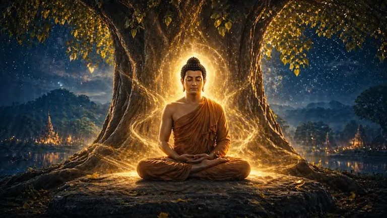 गौतम बुद्ध की शांत मुद्रा वाली प्रतिमा, जो बौद्ध धर्म के मूल सिद्धांतों का प्रतीक है।