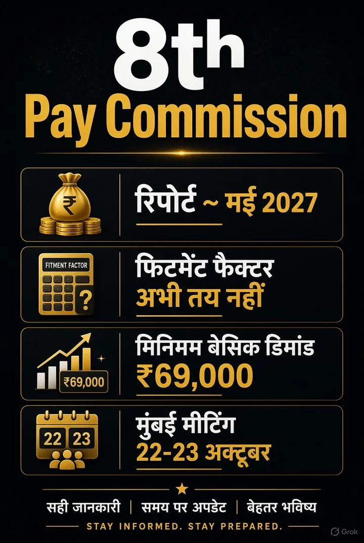 8th Pay Commission इन्फो पोस्टर: रिपोर्ट मई 2027, फिटमेंट फैक्टर, मुंबई मीटिंग
