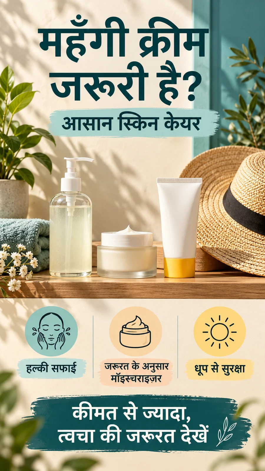 महँगी क्रीम के बिना स्किन केयर की तीन जरूरी बातों वाला हिंदी पोस्टर