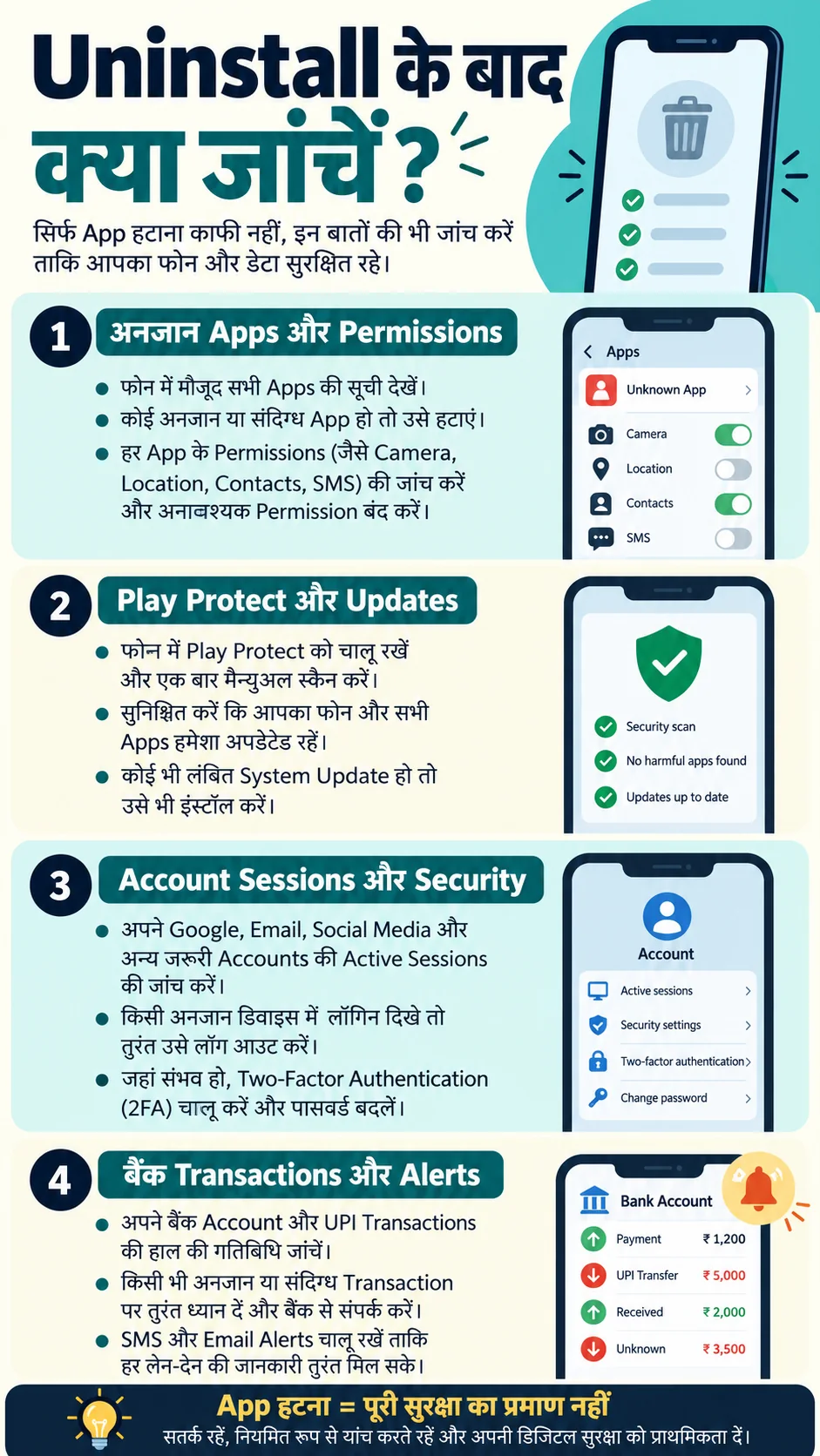 Uninstall के बाद apps, permissions, Play Protect, accounts और bank records जाँचें