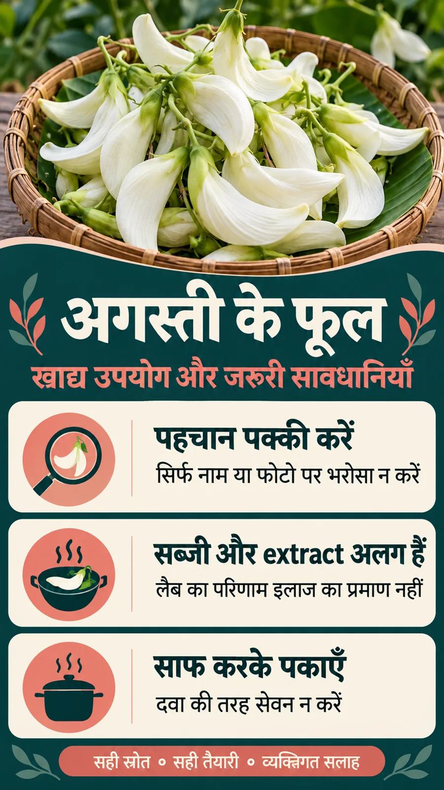 अगस्ती के फूल खाने के फायदे, पहचान और औषधीय दावों की सीमाओं का हिंदी पोस्टर