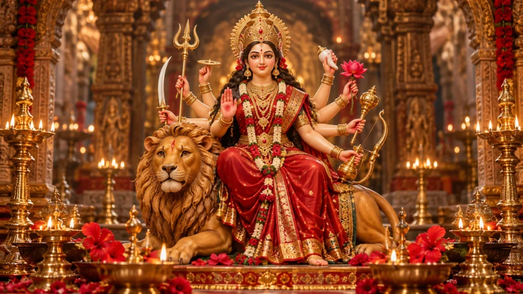 माँ दुर्गा की प्रतिमा और आरती का दीपक
