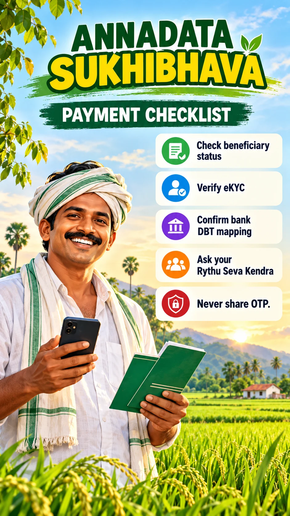 అన్నదాత సుఖీభవ స్టేటస్: డబ్బులు పడలేదా? PM Kisan, eKYC, బ్యాంక్ వివరాలు ఇలా చూడండి — information poster