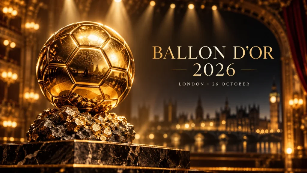 Golden football trophy illustration for Ballon d’Or 2026