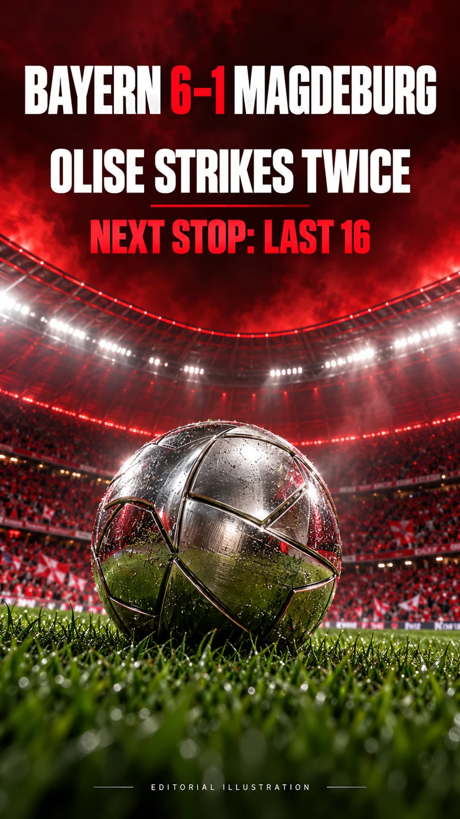 Red stadium and silver football with English text Bayern 6–1 Magdeburg, Olise Strikes Twice, Next Stop Last 16