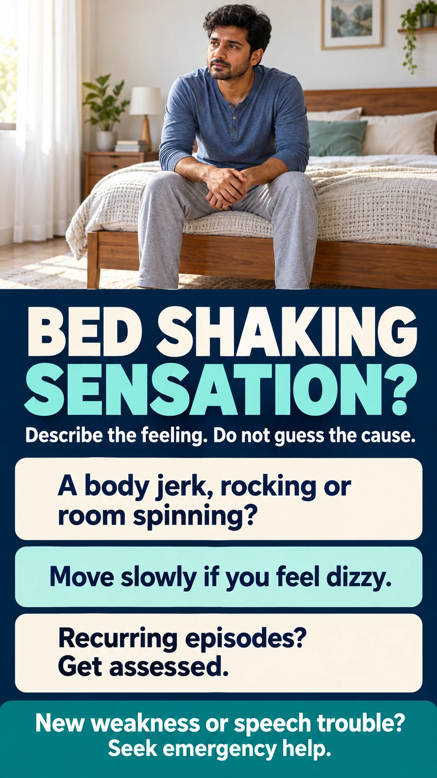 Bed shaking sensation poster distinguishing a body jerk, rocking and room spinning with safety advice