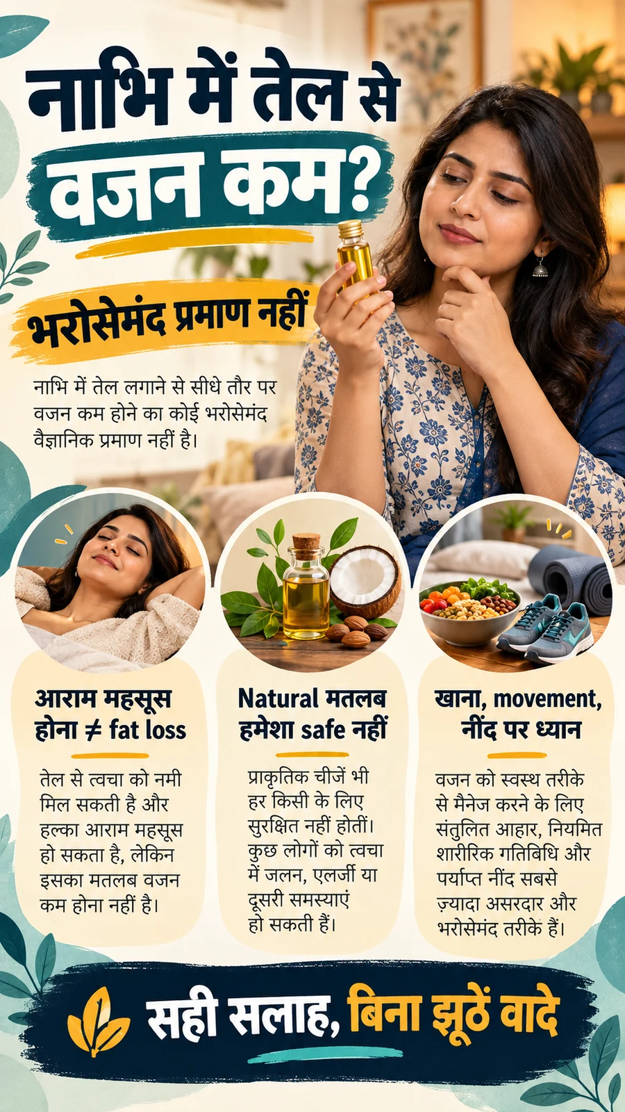 Hindi poster explaining that navel oil has no reliable evidence for weight loss