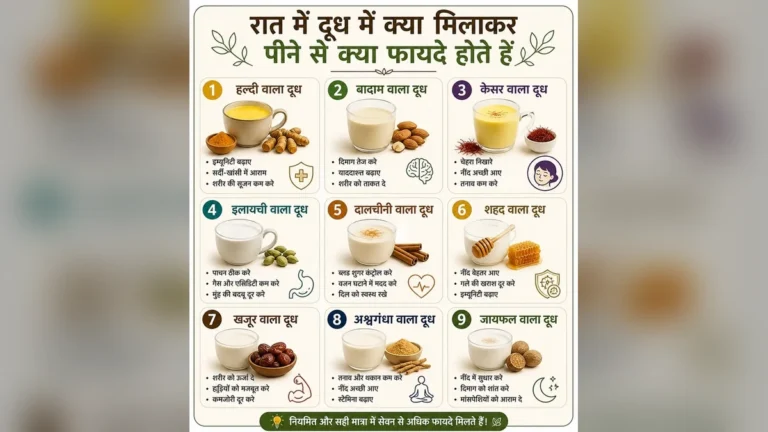 रात में दूध के साथ विभिन्न प्राकृतिक चीजों को मिलाकर पीने के फायदे।