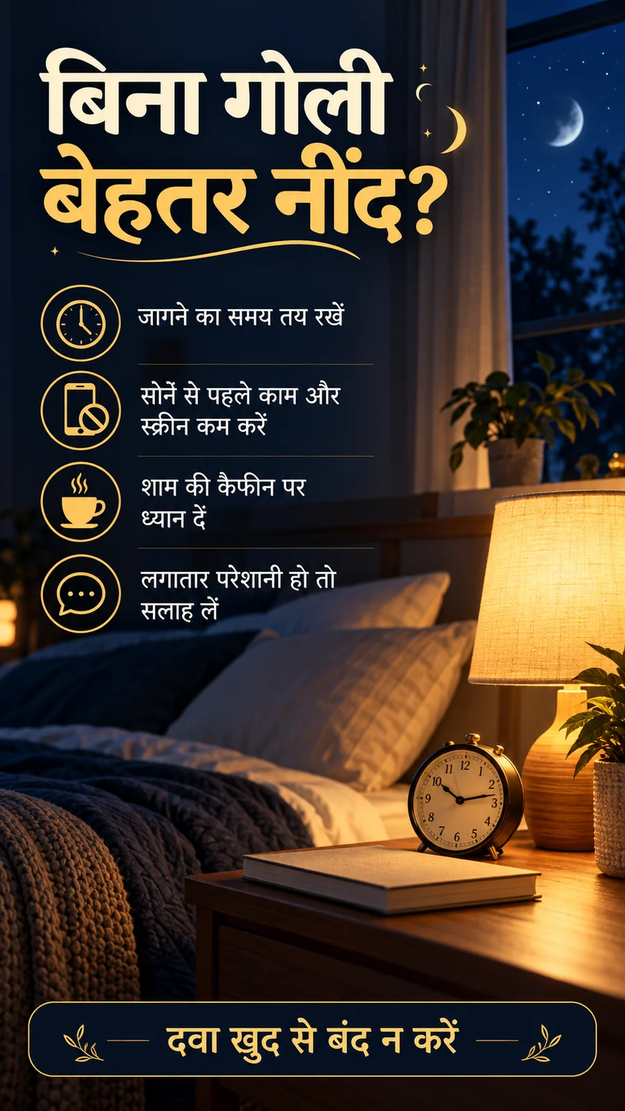 बिना नींद की गोली बेहतर नींद की आदतों और दवा खुद से बंद न करने की सलाह वाला हिंदी पोस्टर