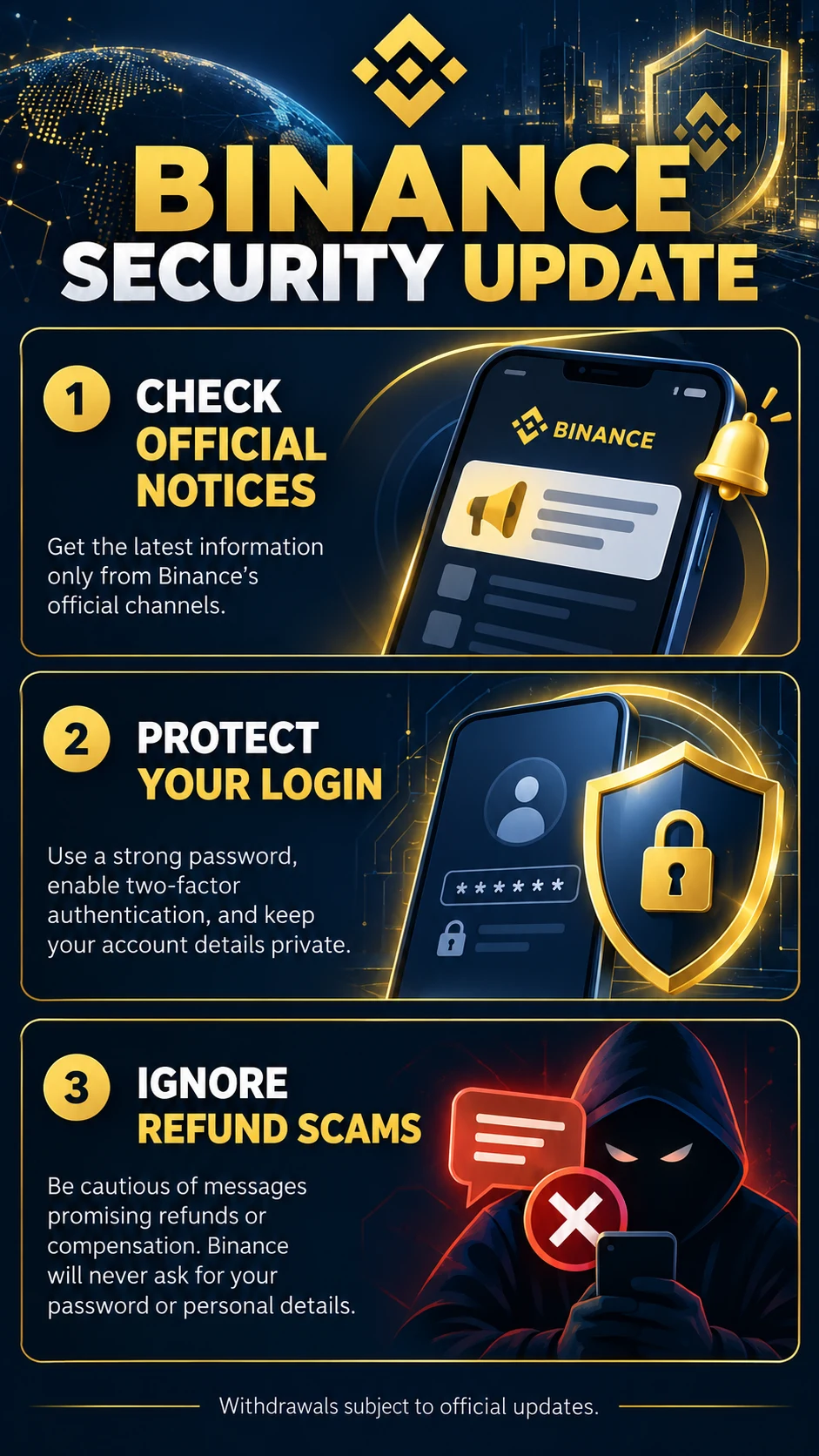 Binance Hack Update: निकासी बंद होने पर क्या करें, पैसा और अकाउंट कैसे सुरक्षित रखें? — info poster