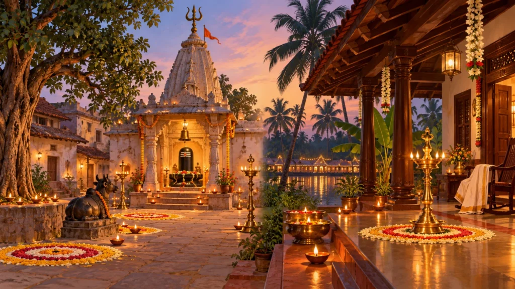 उत्तर भारतीय मंदिर और केरल शैली के घर की उत्सवी रोशनी का सांकेतिक चित्र