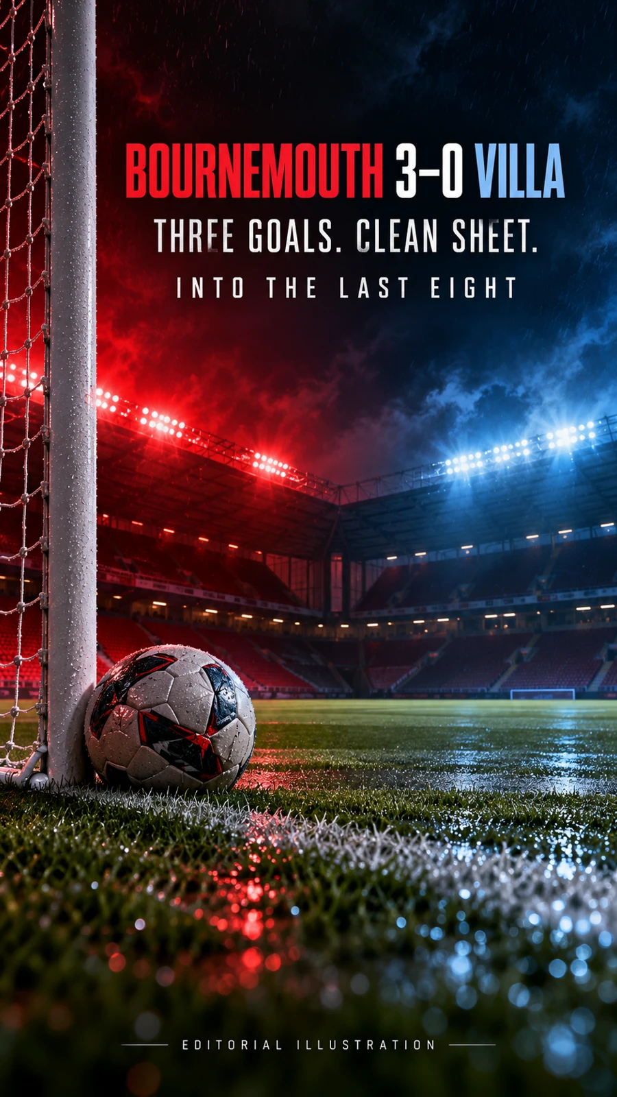 Football and floodlit stadium with English text Bournemouth 3–0 Villa, Three Goals Clean Sheet, Into the Last Eight