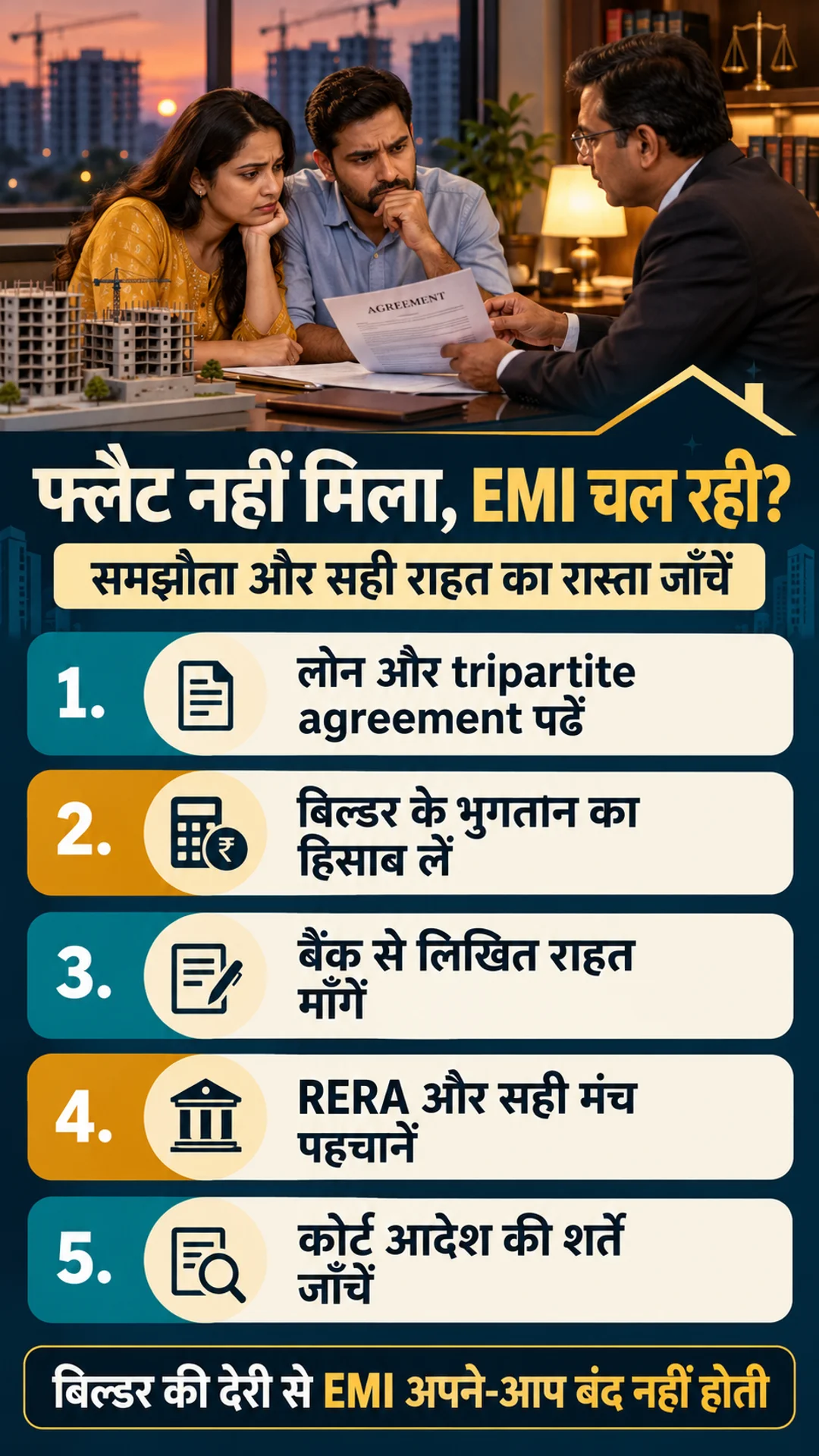 Hindi checklist for delayed flat possession and bank EMI relief