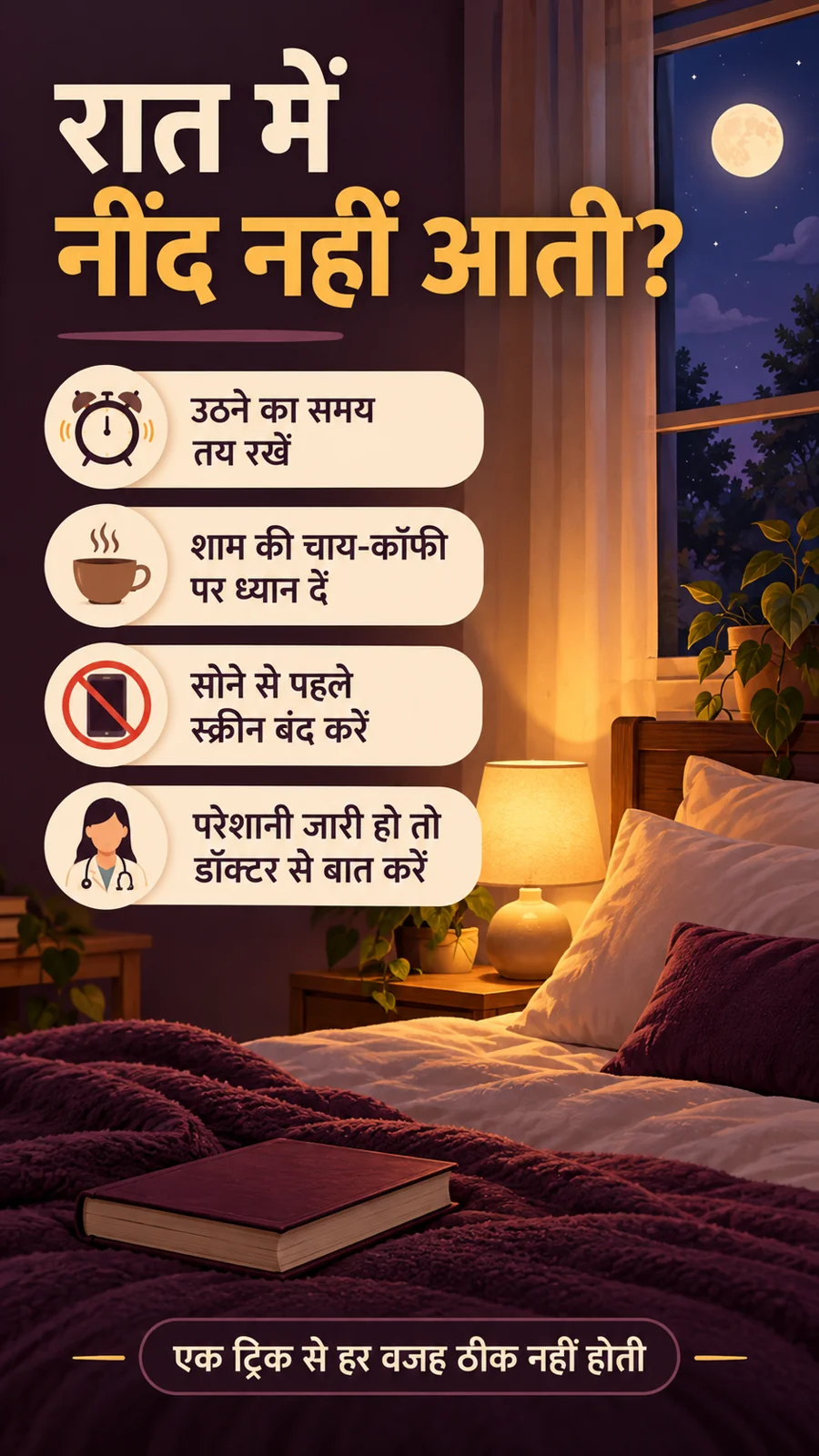 रात में नींद नहीं आने पर समय, कैफीन, स्क्रीन और डॉक्टर की मदद से जुड़ी हिंदी सलाह