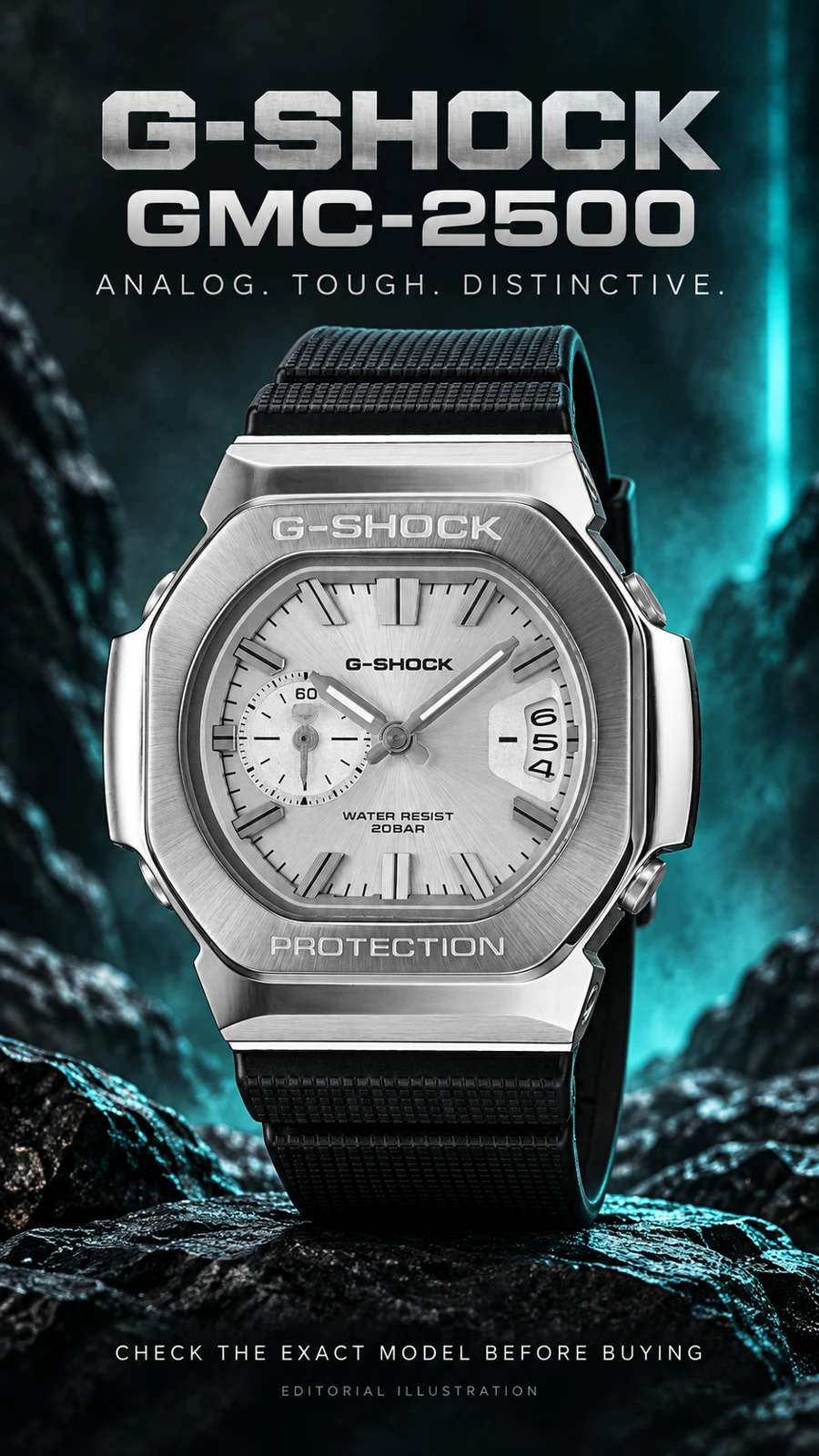 G-Shock GMC-2500-1A8 editorial poster based on the official silver watch reference