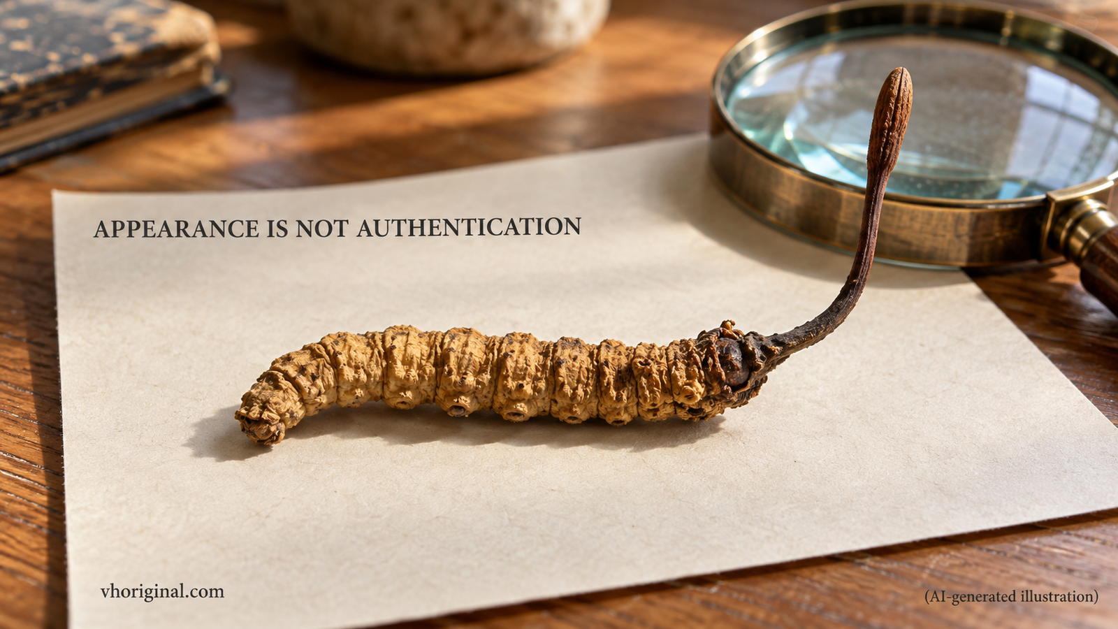 सूखे caterpillar-fungus जैसे complex का काल्पनिक शोध डेस्क दृश्य (AI-generated illustration)