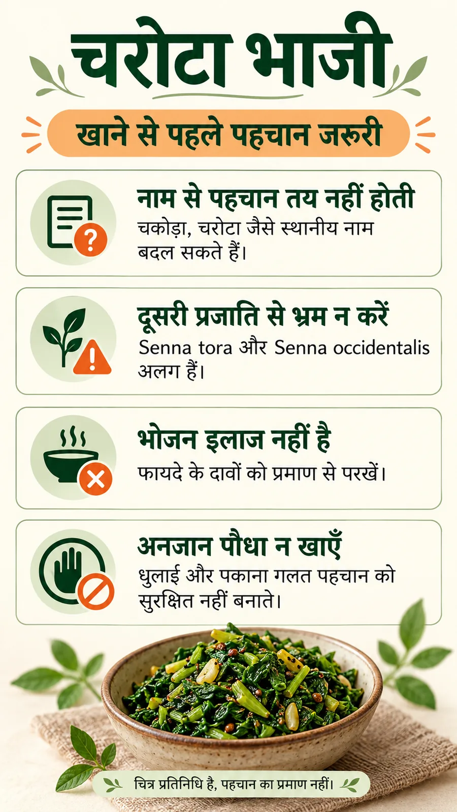 चरोटा भाजी के फायदे और सही पहचान की सावधानियों का हिंदी पोस्टर