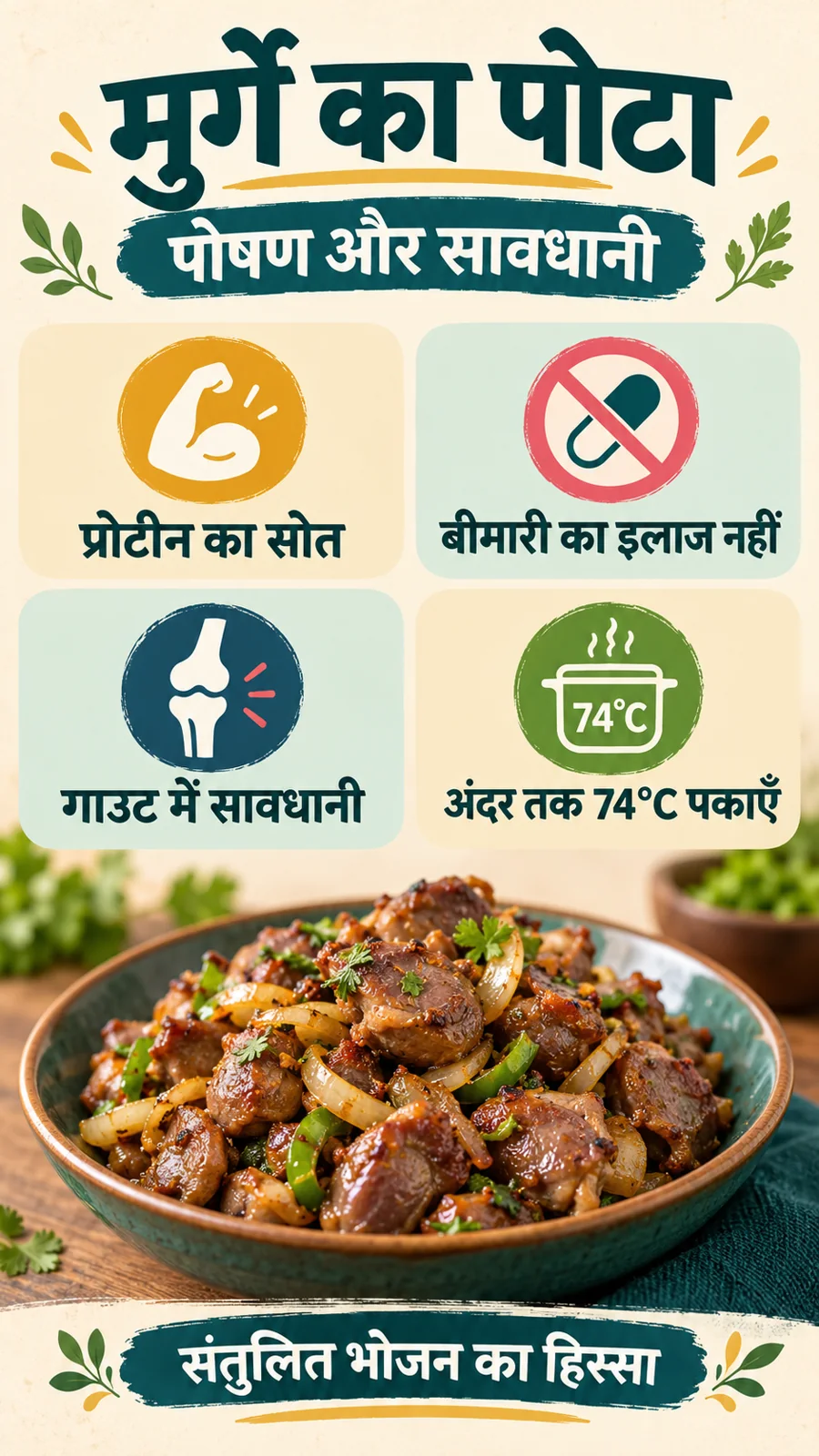 मुर्गे के पोटा की पोषण और सुरक्षा जानकारी: गाउट में सावधानी, अंदर तक 74°C पकाएँ