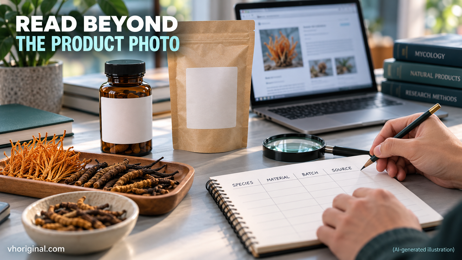Cordyceps product का species material batch और source दर्ज करने वाला काल्पनिक दृश्य (AI-generated illustration)