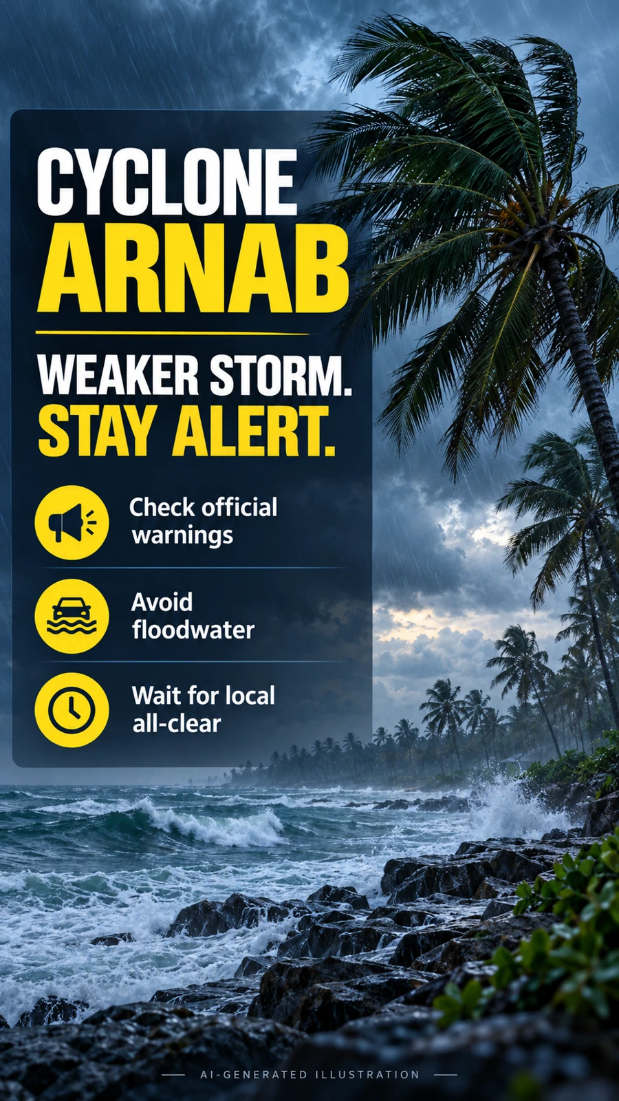 Cyclone Arnab safety poster: check official warnings and avoid floodwater