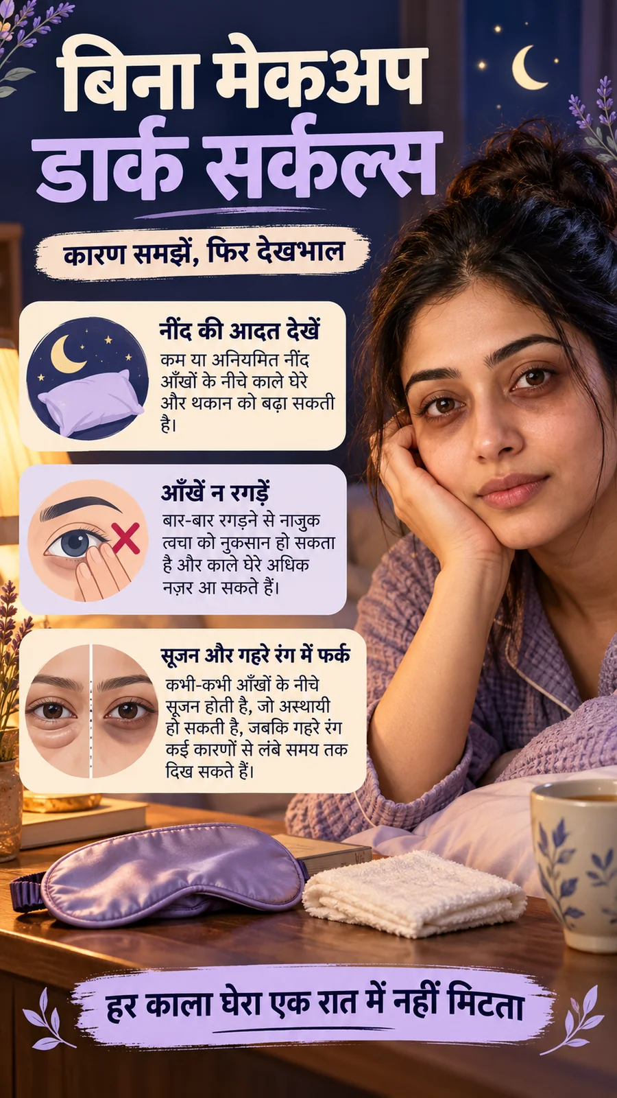 बिना मेकअप डार्क सर्कल्स की देखभाल और कारण समझाने वाला हिंदी पोस्टर
