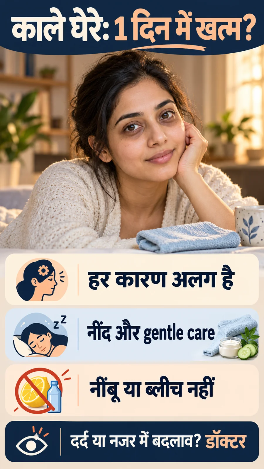 काले घेरों के दावे और सुरक्षित देखभाल का हिंदी पोस्टर