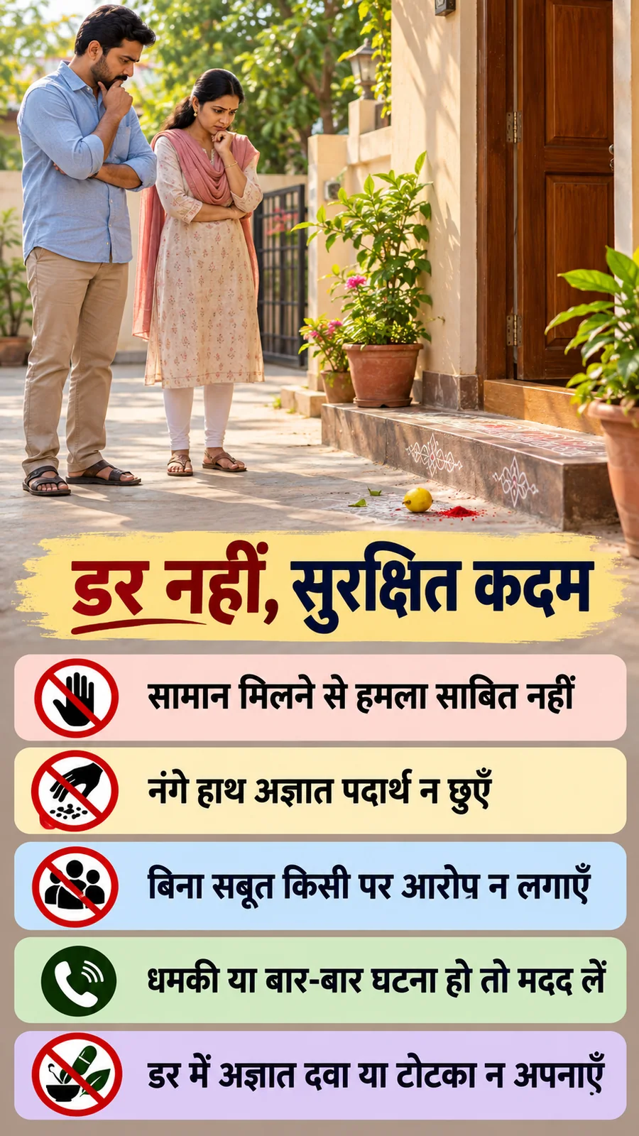 दरवाजे पर नींबू सिंदूर पर जानकारी और सुरक्षित कदम समझाता सांकेतिक हिंदी पोस्टर।
